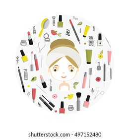Beauty salon. Beauty, care. Spa. Cute  girl  with facial. Vector illustration