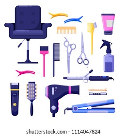 Beauty salon colorful icons and vector design elements. Hair hairdresser tools and equipment isolated on white background.