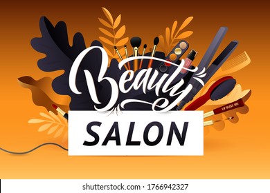 Beauty Salon. Colorful Makeup and Hair Style decorative illustration with haircut accessories and Make-up equipment with big white letters. Realistic Poster. Vector Illustration black and Gold Colors