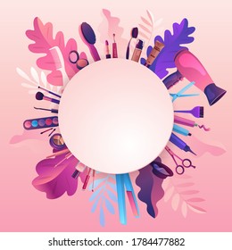 Beauty Salon. Colorful Makeup and Hair Style decorative illustration with haircut accessories and Make-up equipment. Realistic Poster. Vector Illustration Pink Colors.