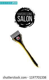 Beauty salon coloring brush and inscription: hairdressing salon. Promo card with hair dressing tool for beauty store, shop or fashion blog.