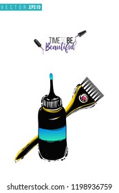 Beauty salon coloring tools and inscription: time to be beautiful. Promo card with hair dressing tool for beauty store, shop or fashion blog.