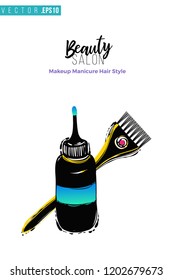 Beauty salon coloring tools and inscription: beauty salon. Promo card with hair dressing tool for beauty store, shop or fashion blog.