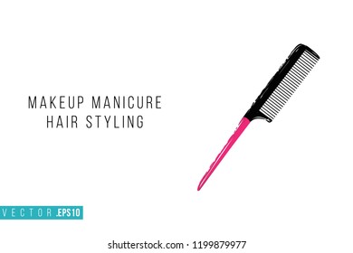 Beauty salon comb with handle and inscription: makeup manicure hair styling. Promo card with hair dressing tool for beauty store, shop or fashion blog.