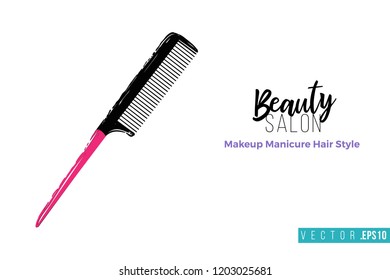 Beauty salon comb with handle and inscription: beauty salon. Promo card with hair dressing tool for beauty store, shop or fashion blog.