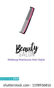 Beauty salon comb and inscription: beauty salon. Promo card with hair dressing tool for beauty store, shop or fashion blog.