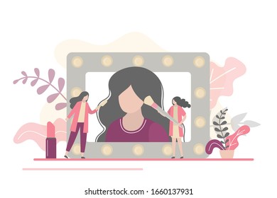 Beauty salon concept banner. Women in beauty studio making make up. Fashion and glamour girls. Stylist and makeup artist at work. Female characters in flat cartoon style. Vector illustration