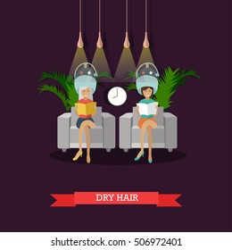 Beauty salon concept banners. Women in beauty studio drying hair illustration in flat cartoon style.