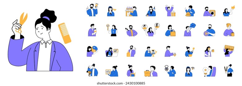 Beauty salon concept with character situations mega set in flat web design. Bundle of scenes people using hairdresser service and barber hair treatment, get manicure and makeup. Vector illustrations.