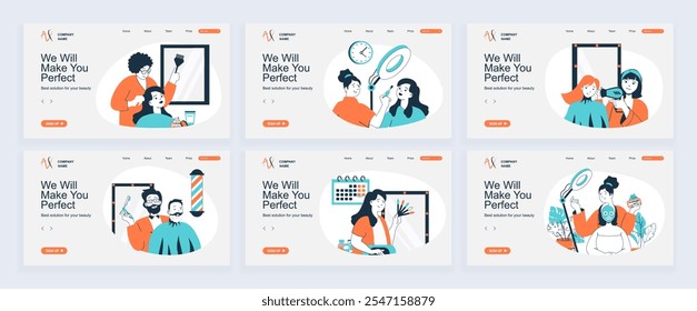 Schönheitssalon-Konzept der Landing Page mit Slide Templates im flachen Design. Website-Kopfzeilen mit Menschen tun Haarschnitt oder Frisur, erhalten Gesichtscreme, Bart Rasieren im Friseur. Vektorgrafiken.