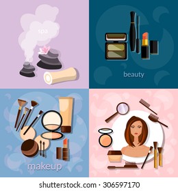 Beauty salon concept makeup beautiful woman face professional make-up details cosmetology spa vector icons 