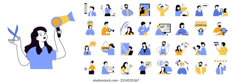 Beauty salon concept mega set with character scenes in flat design for web. Bundle situations with people doing haircuts, skin treatments, beard cut in barbershops, manicure. Vector illustrations.