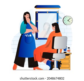 Beauty salon concept in modern flat design. Hairdresser getting ready to making haircut or hairstyle for client. Woman sitting at chair and receiving hair care at female salon. Vector illustration