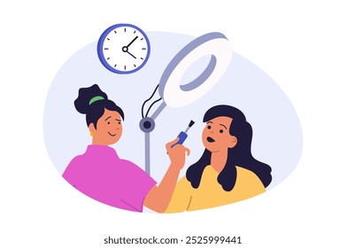 Salão de beleza conceito em design plano moderno para web. Beautician com pincel profissional aplicando maquiagem decoração para rosto de mulher, usando rímel ou batom sob lâmpada de estúdio. Ilustração vetorial.