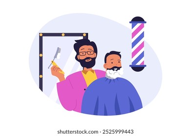 Beauty salon concept in modern flat design for web. Barber with professional straight razor shaving man face, making care treatment for client beard and moustache in barbershop. Vector illustration.