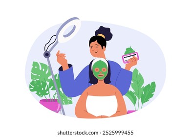 Beauty salon concept in modern flat design for web. Professional beautician doing skin care treatment with cream and applying facial mask to woman face in studio under lamp. Vector illustration.