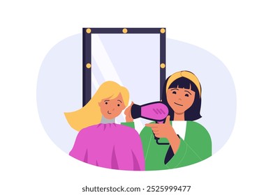 Beauty salon concept in modern flat design for web. Professional hairdresser with dryer blowing to woman hair and making coiffure after haircut procedure in studio by mirror. Vector illustration.