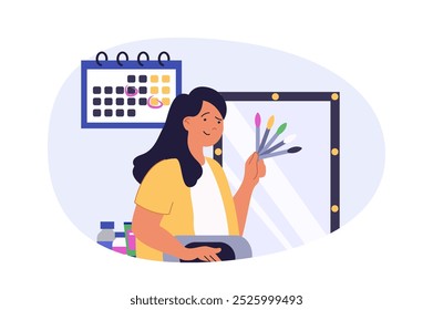 Salão de beleza conceito em design plano moderno para web. Mestre de manicura profissional escolhendo amostras de esmalte com cores diferentes, esperando visitas de clientes no estúdio com espelho. Ilustração vetorial.