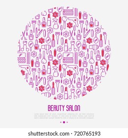 Beauty salon concept with thin line icons of cosmetics, make up and beauty accessories. Vector illustration for banner, web page, print media.