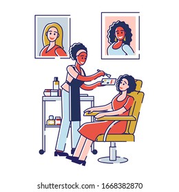 Beauty Salon Concept. Woman Cosmetologist Do Makeup To Customer In Beauty Salon. Specialist Is Putting Lipstick And Add Shadows For Eyes And Face. Cartoon Outline Linear Flat Vector Illustration