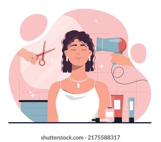 Beauty salon concept. Woman given modern and fashionable hairstyle with help of scissors and hair dryer. Client come to hairdresser. Makeup, lotion and cosmetic. Cartoon flat vector illustration