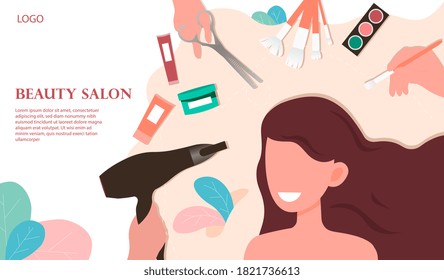 Beauty salon concept. A young pretty girl drying her hair with a hair dryer. Flat vector illustration. Web page template