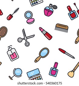 Beauty Salon Cosmetic Seamless Pattern Minimalistic Flat Line Outline Stroke Icon Pictogram Symbol on a White Background