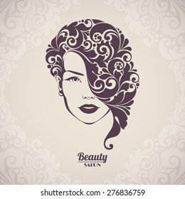 Beauty salon, cosmetics, spa logo. Beautiful elegant woman silhouette with ornamental hair