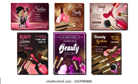 Beauty Salon Creative Advertise Banner Set Vector. Collection Of Different Design Poster With Glassy Vial, Nailbrushes, Color Lacquer For Nail Care And Makeup Brushes. Accessory 3d Illustration