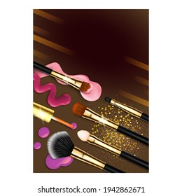 Beauty Salon Creative Advertising Poster Vector. Multicolored Nail Polish On Brushes For Manicure And Pedicure, Professional Equipment For Beauty Pro Makeup. Woman Cosmetic Accessories 3d Illustration