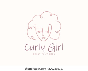 beauty salon with curly girl line art logo design	
