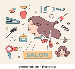 Beauty salon customers and products. flat design style minimal vector illustration.