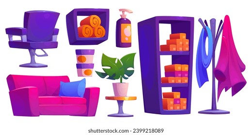 Beauty salon design elements set isolated on white background. Vector cartoon illustration of hairdresser armchair, hair dye boxes and clean towels on shelves, green plant on table, shampoo bottle