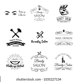 Beauty Salon Design Elements in Vintage Style. Lipstick, mascara, lips, manicure, women eyes, make up brushes, nail and finger. Vintage filigree frame, logo, banner and label. Logo for make up artist.