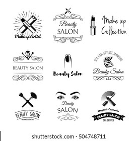 Beauty Salon Design Elements in Vintage Style. Lipstick, mascara, lips, manicure, women eyes, make up brushes, nail and finger. Vintage filigree frame, logo, banner and label. Logo for make up artist.