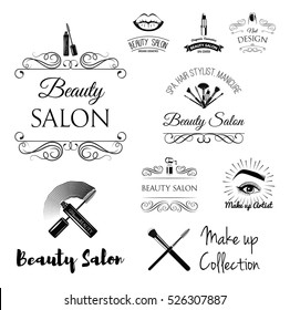 Beauty Salon Design Elements in Vintage Style. Lipstick, mascara, lips, manicure, women eyes, make up brushes, nail and finger. Filigree frame Vector illustration.