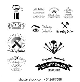 Beauty Salon Design Elements in Vintage Style. Lipstick, mascara, lips, manicure, women eyes, make up brushes, nail and finger. Vintage filigree frame, logo, banner and label. Logo for make up artist.