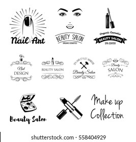 Beauty Salon Design Elements in Vintage Style. Lipstick, mascara, lips, manicure, women eyes, make up brushes, nail and finger. Vintage filigree frame, logo, banner and label. Logo for make up artist.