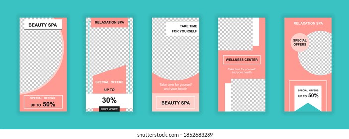 Beauty Salon Editable Templates Set For Stories. Wellness Center Special Offer, Spa Procedures. Trendy Design For Social Networks. Story Mockup With Free Copy Space Vector Illustration