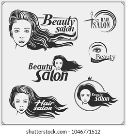 Beauty salon emblems with female face. Design for cosmetic, hairdressing and beauty salon. 