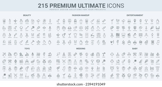 Beauty salon, entertainment and wedding event, baby care thin black line icons set vector illustration. Outline symbols of cosmetics and fashion makeup products, bride and groom, kids toys and game