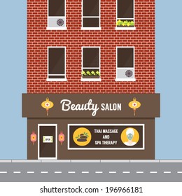 Beauty salon facade, building exterior. Spa salon in oriental style. Flat design vector illustration. 