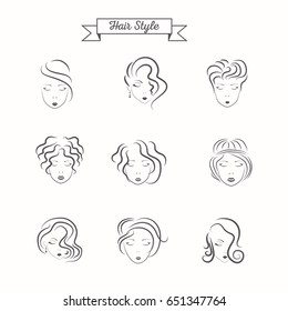 Beauty salon face collection. Vector illustration of woman silhouette in minimalistic sketch style on white background.
