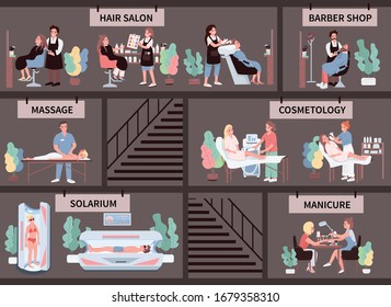 Beauty salon flat color vector characters set. Hair treatment. Barber shop. Manicure, massage. Solarium tanning. Cosmetology center procedure isolated cartoon illustrations on grey background