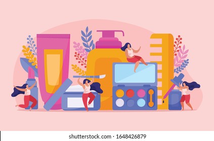 Beauty salon flat composition with abstract situation four girls sit on beauty tools and have fun vector illustration