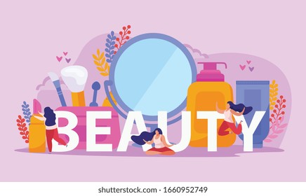 Beauty salon flat composition with big headline two girls and big abstract beauty tools vector illustration