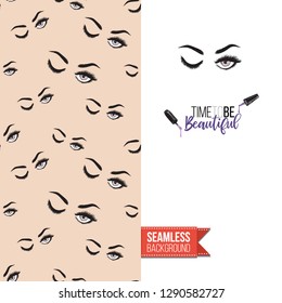 Beauty salon flyer promo card. Motivation quote: time to be beautiful. Fashion background with cosmetic, make up tools and fashion accessories. Editable vector template of greeting card.
