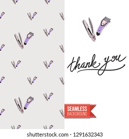 Beauty salon flyer promo card. Motivation quote: thank you. Fashion background with cosmetic, make up tools and fashion accessories. Editable vector template of greeting card.