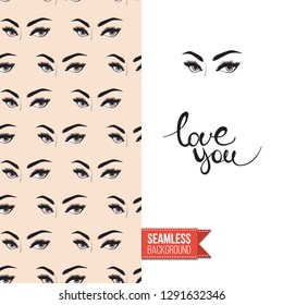 Beauty salon flyer promo card. Motivation quote: love you. Fashion background with cosmetic, make up tools and fashion accessories. Editable vector template of greeting card.