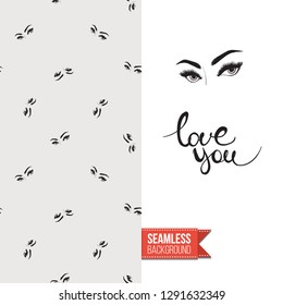 Beauty salon flyer promo card. Motivation quote: love you. Fashion background with cosmetic, make up tools and fashion accessories. Editable vector template of greeting card.